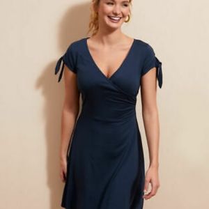 Bravissimo Jersey Dress Tie Sleeves Mock Wrap Semi Fit Knee Navy US 14